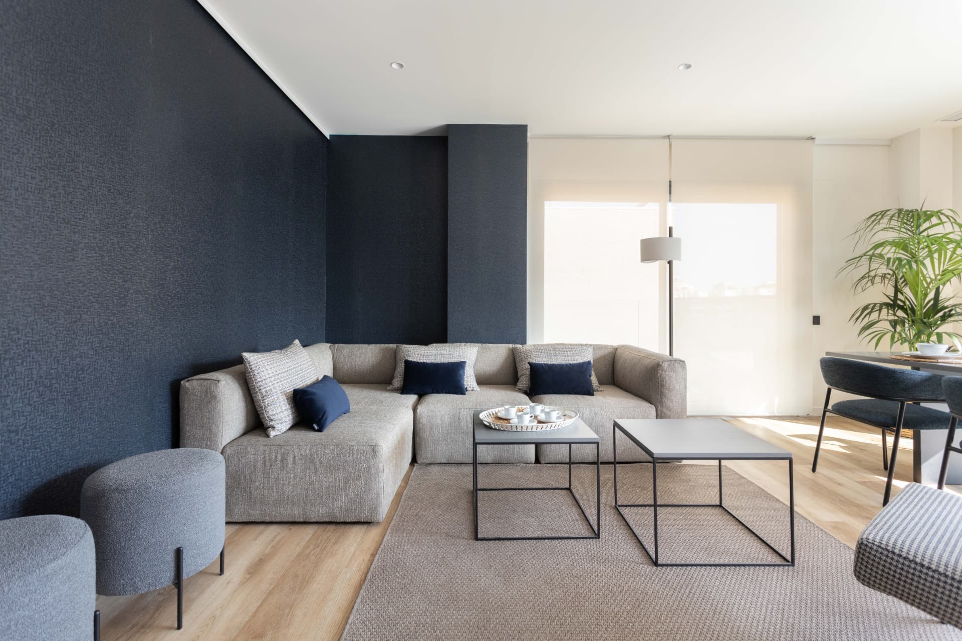 Apartamentos Sailor Pro — salón con pared azul y sofá modular